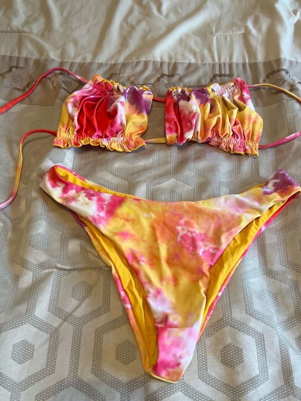ROMWE Yellow Pink Tie-Dye Ruffle Bikini Set